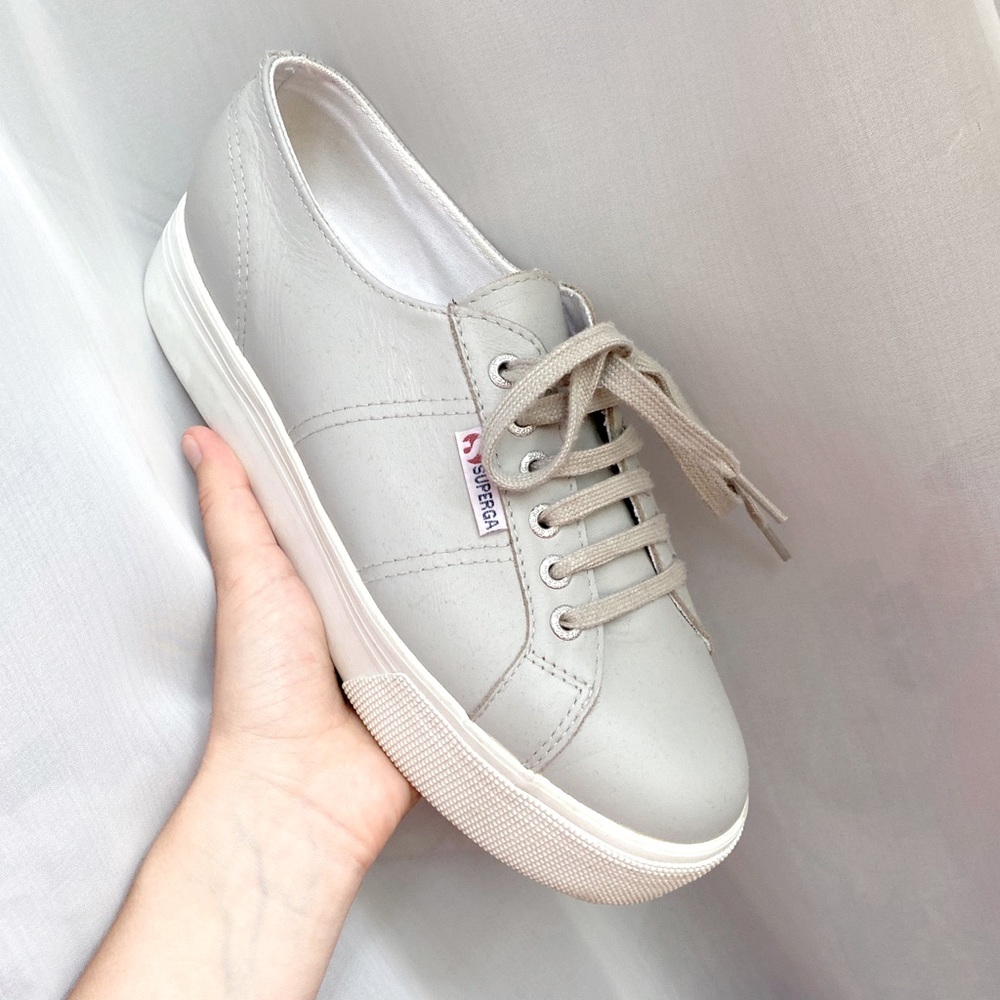 Light gray leather superga platform shoes